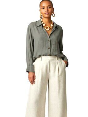 CP Shades Blouse Top Womens Small Green Button Front Rayon Collared Boxy Shirt